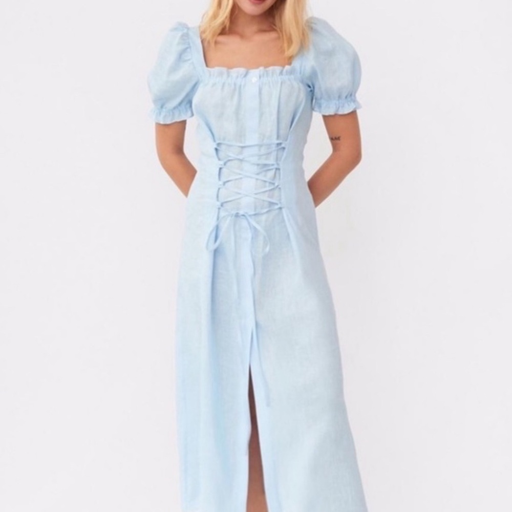 SLEEPER MARQUISE LINEN DRESS IN AZURE BLUE Size: XS